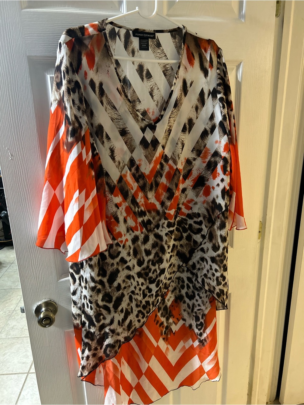 Ashley Stewart blouse orange and white geometric pattern black leopard print 3X